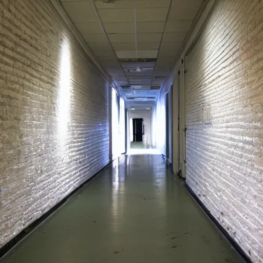 Image similar to the interior of an empty school hallway, small, cramped, blue lockers, large painted white brick walls, dim fluorescent lighting, circa 2 0 0 2