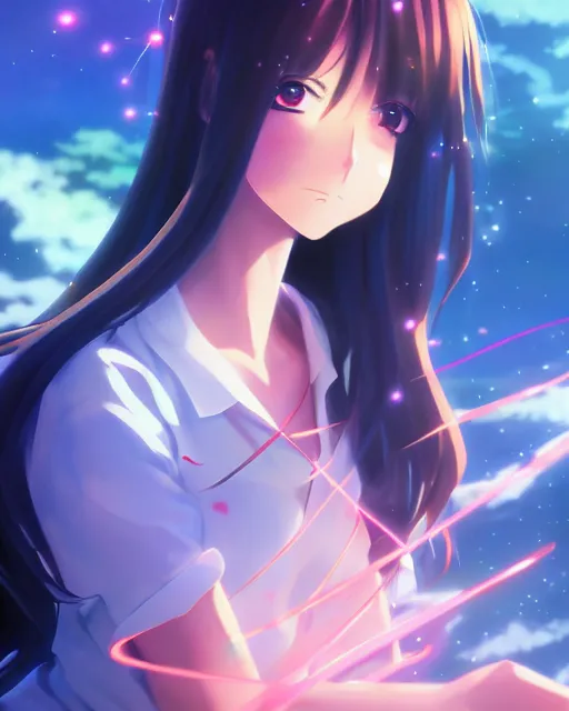 Image similar to anime style, vivid, expressive, full body, 4 k, painting, a cute magical girl with a long wavy black hair, stunning, realistic light and shadow effects, centered, simple background, studio ghibly makoto shinkai yuji yamaguchi