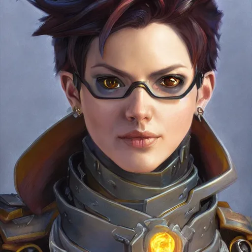 Image similar to tracer from overwatch as a fantasy d&d character, close-up portrait art by Donato Giancola and James Gurney, digital art, trending on artstation