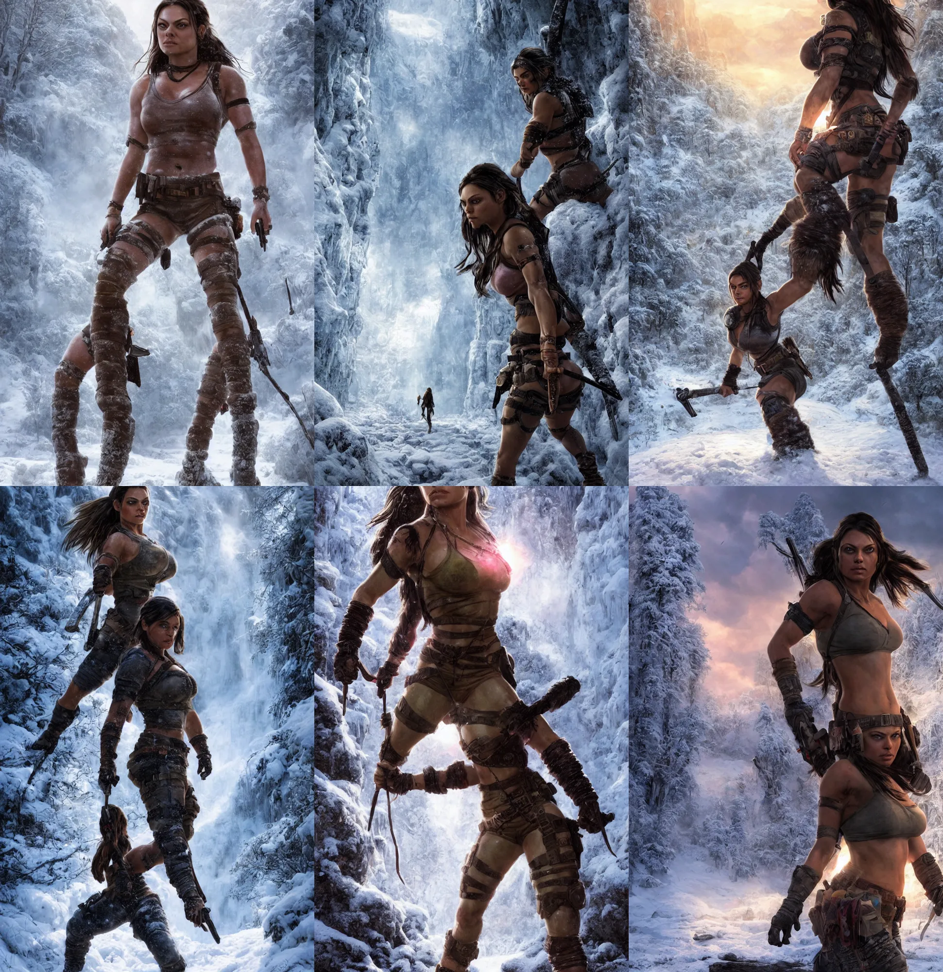 Prompt: epic portrait of Mila Kunis as muscled Amazon Lara Croft walking through deep snowy ruins, sun rays through snow, pink golden hour, cold stormy wind, intricate, highly detailed, shallow depth of field, epic vista, Ralph Horsley, Daniel F. Gerhartz, Artgerm, Boris Villajo, Lilia Alvarado