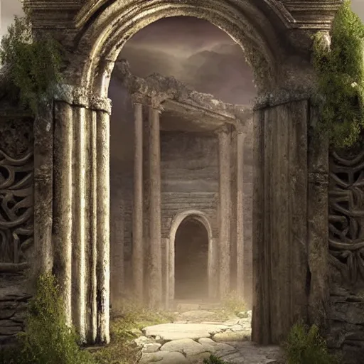 Image similar to beautiful matte painting of the grand ancient stone door, fantasy, sharp focus