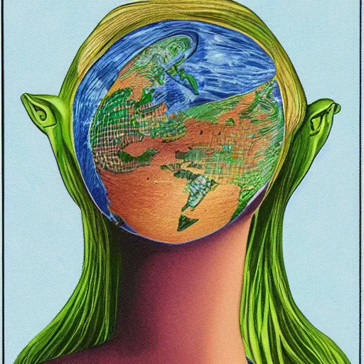 Image similar to planet earth depicted as a sleeping female hyperdimensional alien dreaming all life, people and animals into existance