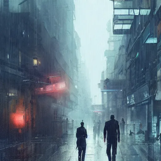 Prompt: a man standing in a cyberpunk street the men's casual walking the background is the cyberpunk city and it's raining by greg rutkowski