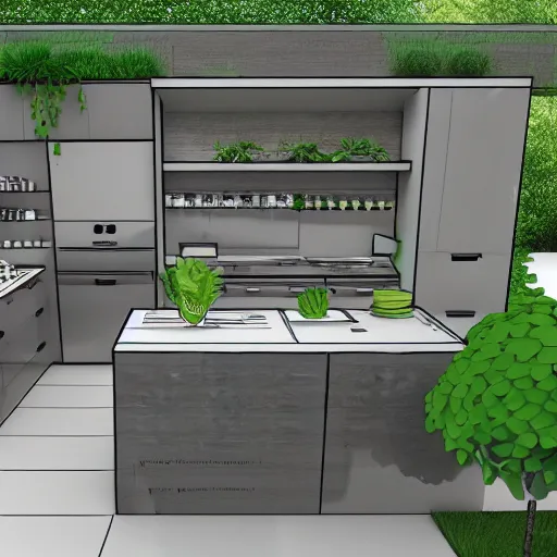 Image similar to modern garden kitchen design, designer pencil sketch, HD resolution