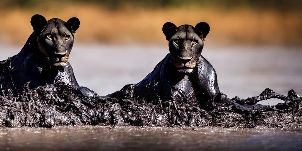 Prompt: a black lioness, made of smooth black goo, bathing inside the lake of black goo, viscous, sticky, full of tar, covered with black goo. dslr, photography, realism, animal photography, color, savanna, wildlife photography, black goo