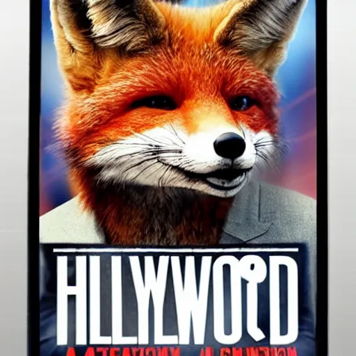 Prompt: hollywood quality poster for an action movie fearing an ahtnropomorphic male foxes in a suit stealing fried chicken, promotional media