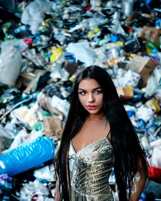 Image similar to a beautiful photo of a Young female with long hair and reflective eyes, Queen of trash wearing a gown made black and blue plastic trash bags and plastic bottles , surrounded by trash all around and in the background, top cinematic lighting , cinematic mood, very detailed, shot in canon 50mm f/1.2