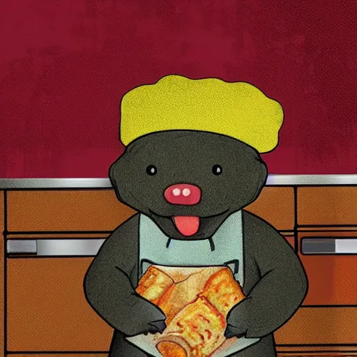 Image similar to cute platypus on a kitchen wearing a chef hat and holding a lasagna into an oven, digital art