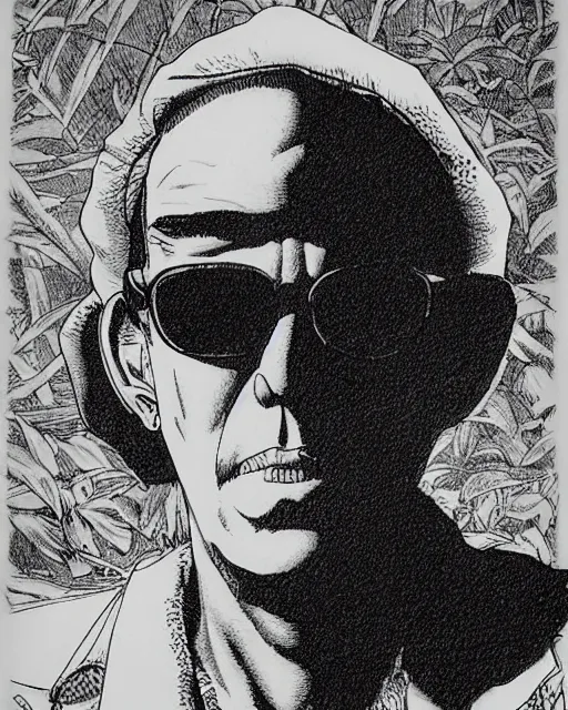 Image similar to Hunter S Thompson drawn by Kentaro Miura, extremely high detail, manga