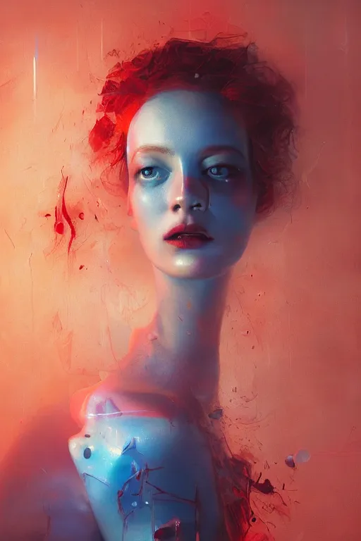 Image similar to 3 d, sci - fi, morning, sleepy fashion model face, sun, cinematic, lightning clouds, vogue cover style, light red and deep blue mood, realistic painting, intricate oil painting, high detail, figurative art, multiple exposure, poster art, 3 d, stanley kubrick, by tooth wu and wlop and beeple and greg rutkowski