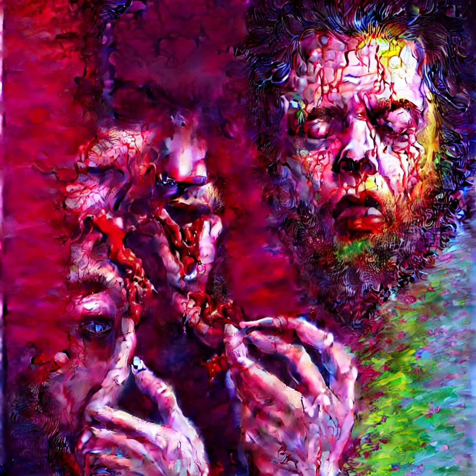 Image similar to bright psychedelic charlie kaufman eating rotten flesh, crying tears of blood and puking, diffuse lighting, fantasy, intricate, elegant, highly detailed, lifelike, photorealistic, digital painting, artstation, illustration, concept art, smooth, sharp focus, art by francis bacon