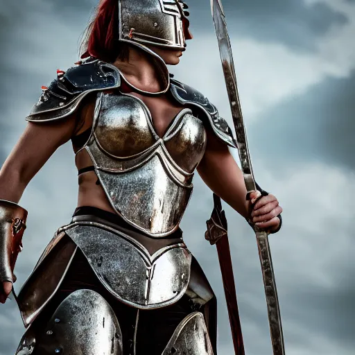 Image similar to pretty female gladiator wearing armor in the arena, shallow depth of field, moody lighting, 8 k, concept art,