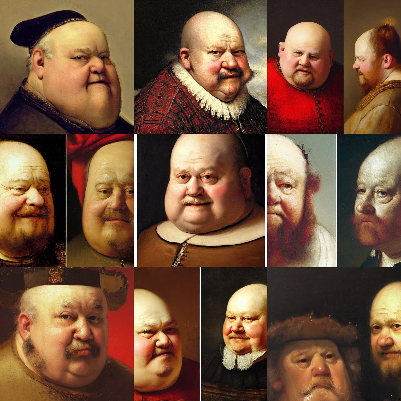 Prompt: high quality character portrait oil painting of fat bald happy mid-aged king with king crown by Rembrandt, red-faced, middle close up shot
