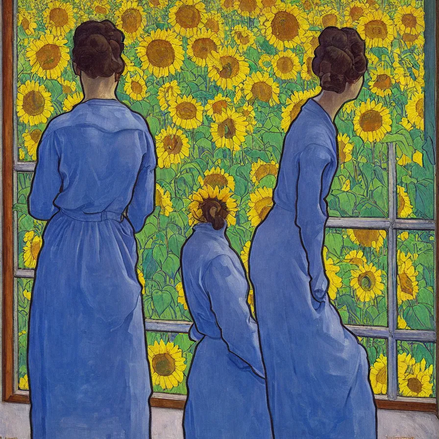 Prompt: a painting in the style of ferdinand hodler, a man looks through the window of an old house and sees a woman in a blue dress surrounded by sun flowers