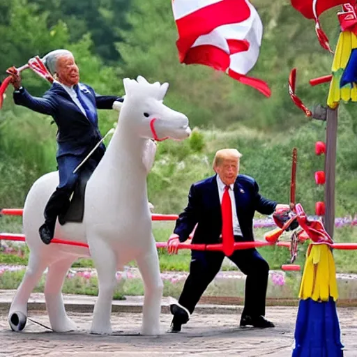 Image similar to Biden, Trump, Putin, Xi, as kids riding a hobby horse shooting each other with water pistols, cartoon!!!!,