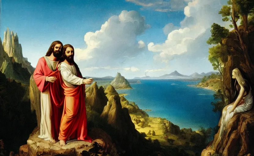 Image similar to jesus and mary magdalene standing on a cliff looking over a beautiful landscape, paradise