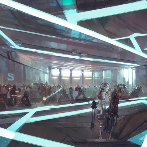 Prompt: hall in cyber space concept, a lot of people siting on tables, large screen, artstation