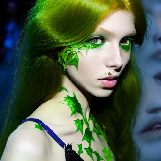 Prompt: a beautiful portrait of young katarina ivanovska as poison ivy from batman and a model at maybelline fashion show as a model spring / summer 2 0 1 8, highly detailed, in the style of cinematic, milan fashion week backstage, extreme close up, makeup by pat mcgrath, hair by guido palau, greg rutkowski