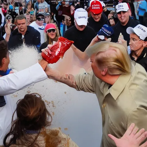 Image similar to donald trump hitting people with pudding, pudding stained clothes, golden hour, boardwalk
