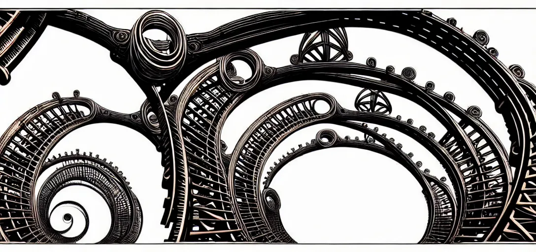 Image similar to a double helix dna cyberpunk steampunk carved archway, high details, lineart, by vincent di fate and joe fenton, inking, screen print, masterpiece, trending on artstation, sharp, high contrast, hyper - detailed, ultrawide, hd, 4 k, 8 k