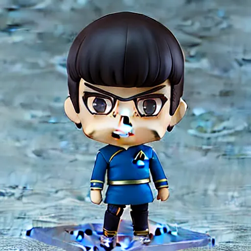 Image similar to spock from the tv series star trek as an anime nendoroid, serious look, pointed ears, spock haircut, starfleet uniform, detailed product photo