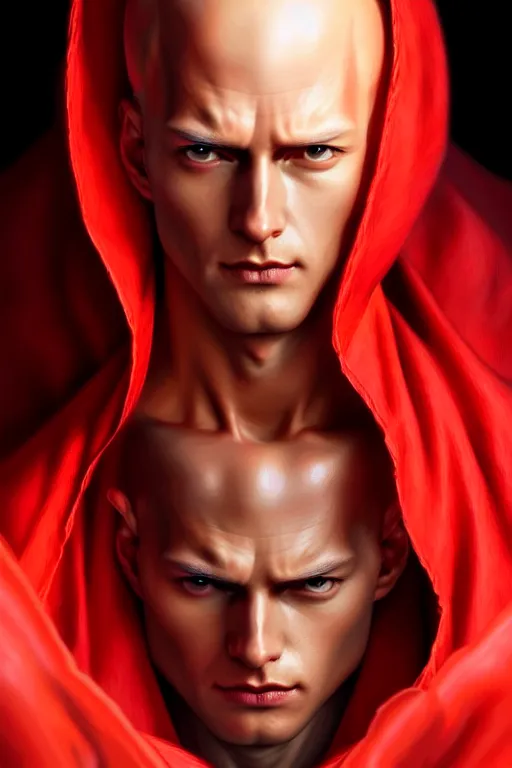 Image similar to ultra realistic illustration, handsome saitama. red cape, intricate, elegant, highly detailed, digital painting, artstation, concept art, smooth, sharp focus, illustration, art by artgerm and greg rutkowski and alphonse mucha and wlop