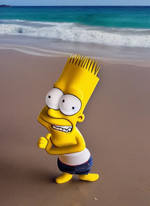 Image similar to professional photo of person looking like bart simpson, he's muscular and confident, on the beach at noonday, blur background, high details, original simpsons cartoon style