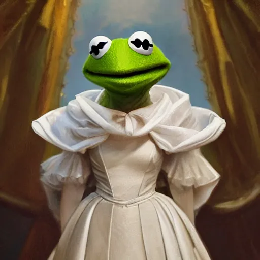 Prompt: kermit the frog in a wedding dress, cg animation, riot entertainment, arcane, realistic, character select portrait, by artgerm, greg rutkowski, alphonse mucha, 3 d