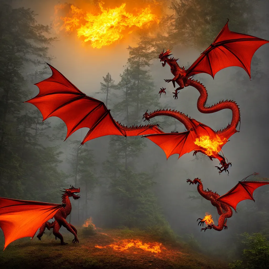 Image similar to fire breathing dragon flying over foggy old forest near small pond, very detailed, 4 k, professional photography