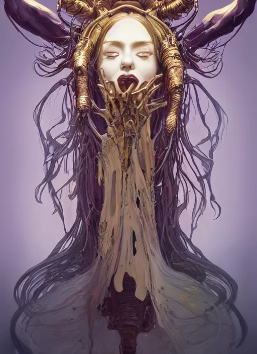 Image similar to portrait of a joyful ghost girl, golden robe, fangs , decaying bones, biomechanical, exposed bones, antlers, concept art, artstation, 4k, detailed, dramatic lighting, afternoon sun, purple liquid, alphonse mucha, syd mead, moebius, mohrbacher, tarot card, digital painting, artgerm, Hiroshi Yoshida