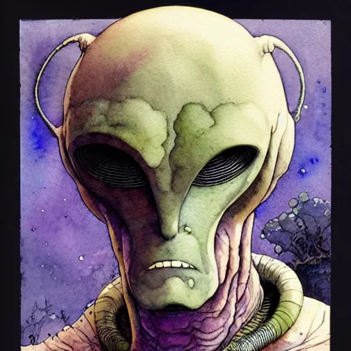 Image similar to a simple and atmospheric watercolour portrait of a pulp sci - fi alien repdiloid, very muted colors, by rebecca guay, michael kaluta, charles vess and jean moebius giraud