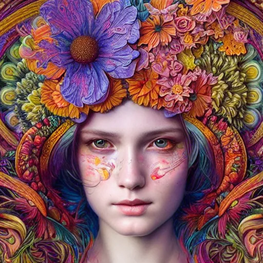 Prompt: hyper detailed masterpiece, floral pattern, jean giraud, vibrant, digital art painting, matte painting, beautiful, floral headpiece, psychedelic, artgerm, donato giancola, tom bagshaw