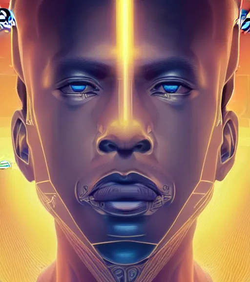 Image similar to symmetry!! egyptian prince of technology, solid cube of light, hard edges, product render retro - futuristic poster scifi, lasers and neon circuits, brown skin man egyptian prince, intricate, elegant, highly detailed, digital painting, artstation, concept art, smooth, sharp focus, illustration, dreamlike, art by artgerm