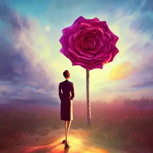 Image similar to giant rose flower head, frontal, girl in a suit, surreal photography, sunrise, dramatic light, impressionist painting, digital painting, artstation, simon stalenhag