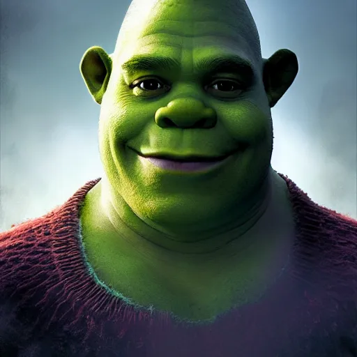 Image similar to portrait of Shrek, amazing splashscreen artwork, splash art, head slightly tilted, natural light, elegant, intricate, fantasy, atmospheric lighting, cinematic, matte painting, by Greg rutkowski