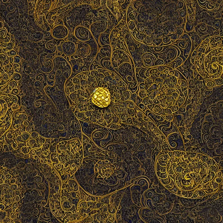 Image similar to arabic ornament with mystic birds and flowers, highly detailed, photorealistic, octan render, 3 d, gold on black nackground, fractal, mandelbrot,