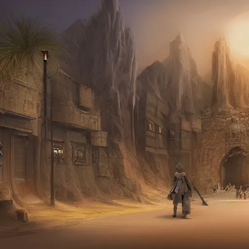 Image similar to streets of a fantasy desert kingdom, 8 k concept art highly detailed illustration