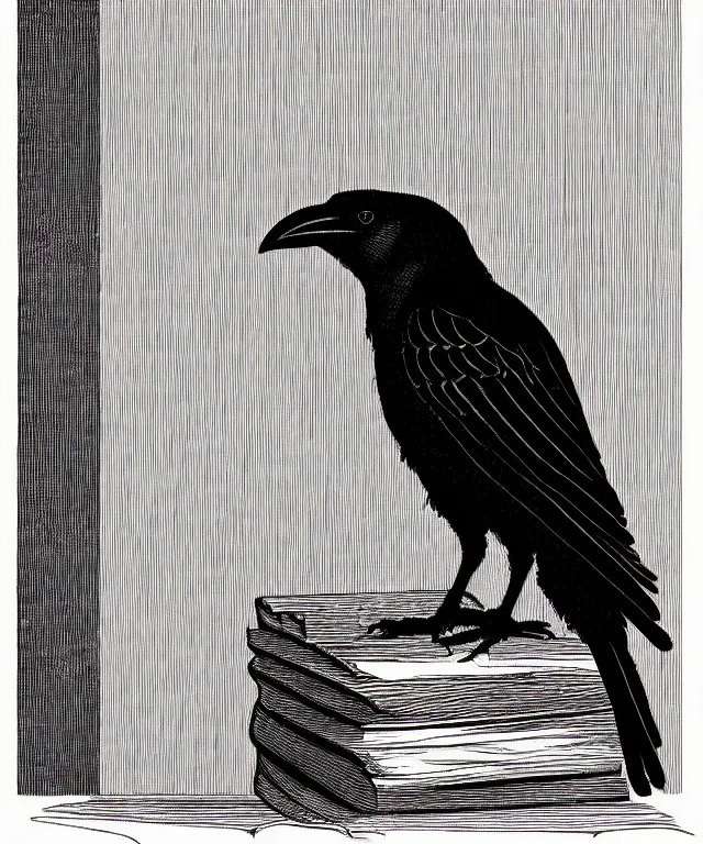 Image similar to crow perched on top of a stack of books, art by james o barr and albrecht durer, woodblock print, engraved, black and white, vector, vector art