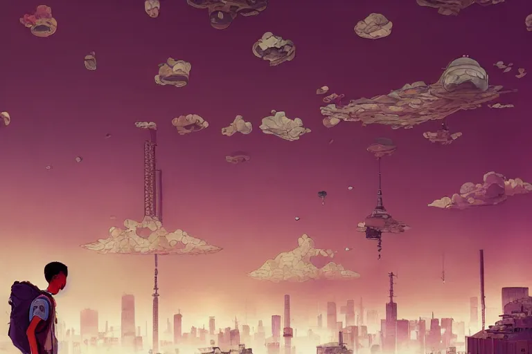 Image similar to a young man with a survivor backpack walking on clouds away from the camera perfectly centered above post - apocalyptic city by takashi murakami, beeple and james jean, aya takano color style, 4 k, super detailed, modern, 4 k, symmetrical