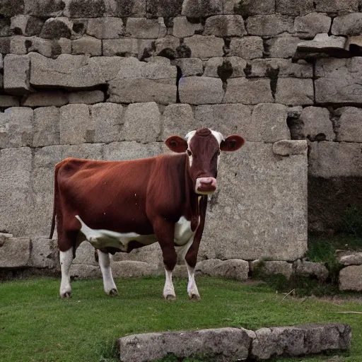 Image similar to a cow standing on top of ancient ruins