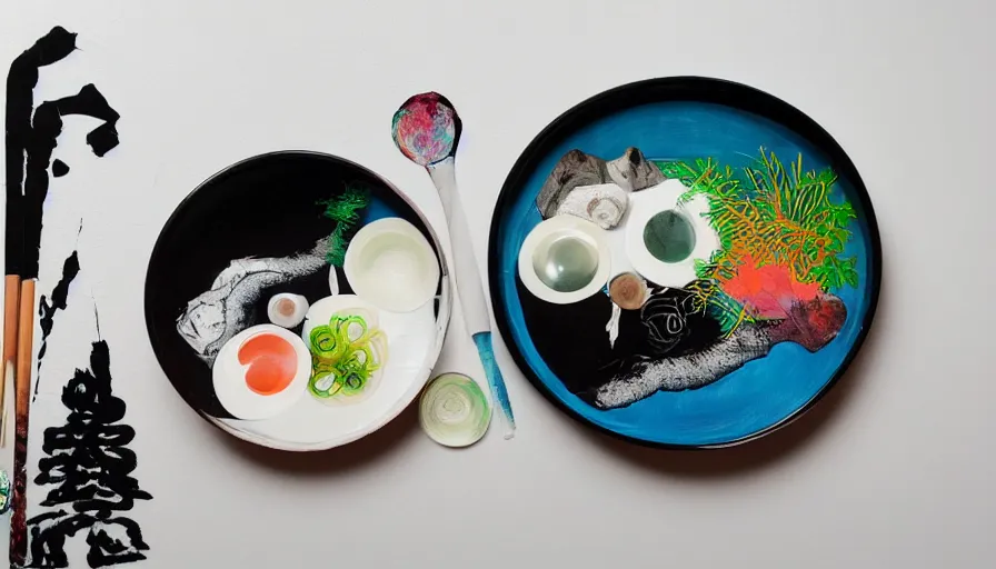 Prompt: centered place setting with a giant tonkotsu ramen bowl filled with Japan nature, crafts, travel and adventure, isolated on a minimalist white acrylic base coat, acrylic airbrush collage-painting by Jules Julien, Leslie David and Lisa Frank, muted colors with predominant white background minimalism, neon color mixed media painterly details, neo-classical composition, rule of thirds, design tension, impactful graphic design