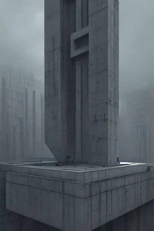 Image similar to sci - fi concrete brutalist architecture, rutkowski, mickelangelo, durer, beksinski, oil painting, photoreal, highly detailed, 8 k, hd, vray, artstation, cinematic matte painting, extreme detail photo quality, dark moody colors, featured on behance