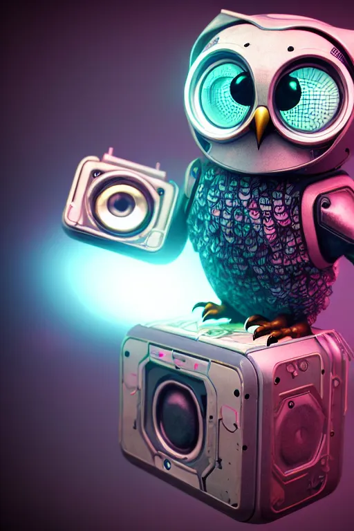 Image similar to high quality 3 d render very cute cyborg owl! with boombox!, cyberpunk highly detailed, unreal engine cinematic smooth, in the style of blade runner & detective pikachu, hannah yata charlie immer, moody light, low angle, uhd 8 k, sharp focus