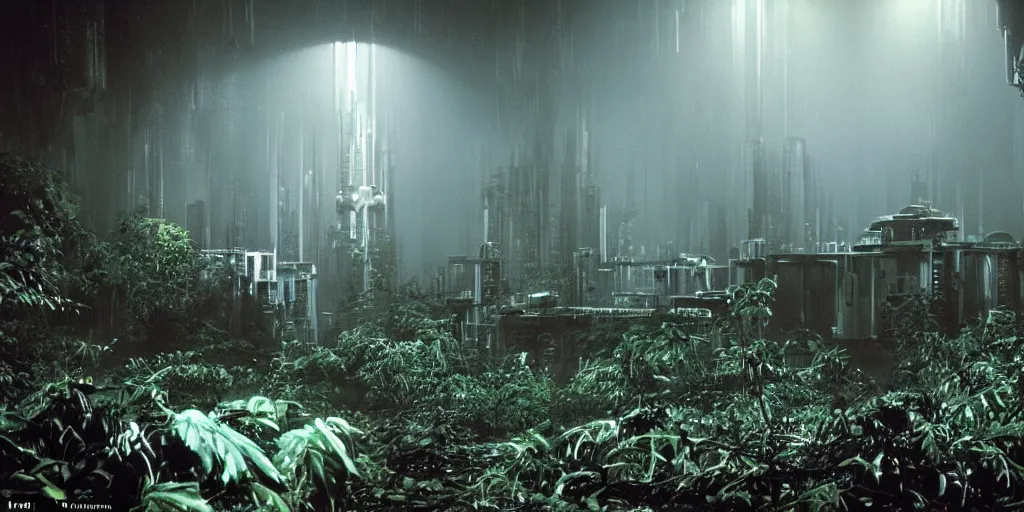 Image similar to film still of a dark futuristic scientific research outpost with complicated machinery and lasers in a moist foggy jungle, science fiction, ridley scott, lights through fog, futuristic outpost building, wet lush jungle landscape, dark sci - fi, 1 9 8 0 s, beige and dark atmosphere, ridley scott