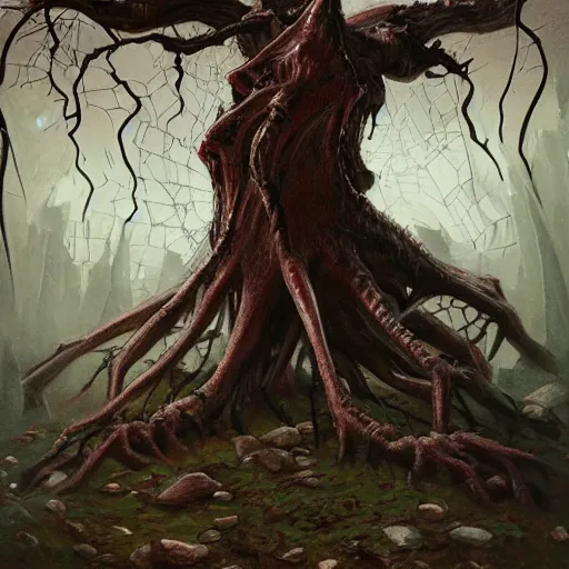 Prompt: a detailed painting of a tree disguised as a human with spider eyes, sharp teeth, and a long tongue screaming in the style of dark fantasy, artstation, ornate, 8k, deep focus,