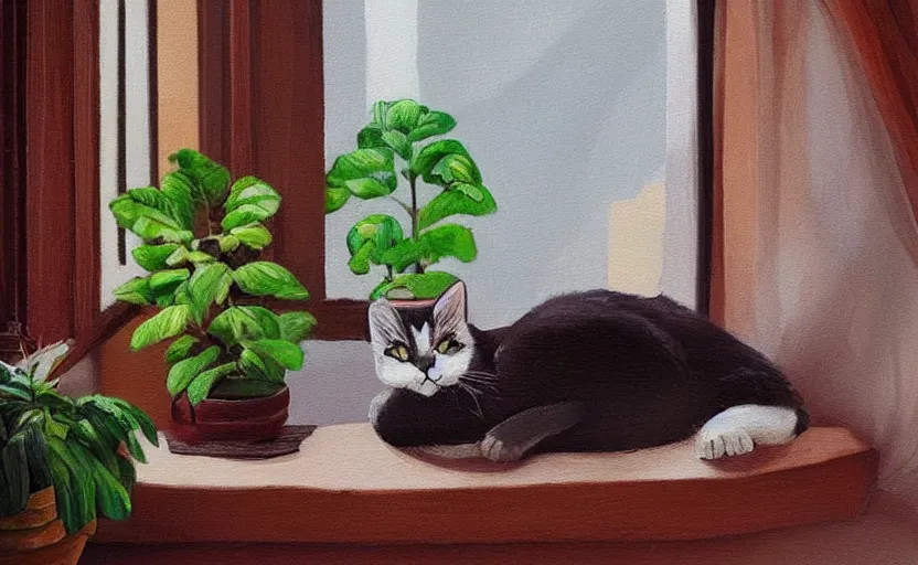 Prompt: sleeping cat on window, inside house in village, plants, detailed oil painting