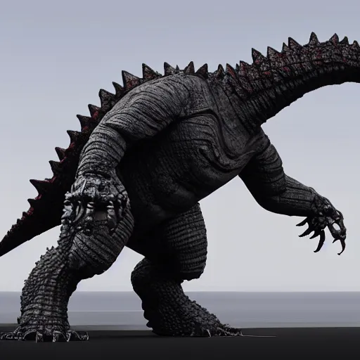 Prompt: hard surface, robotic platform, based on godzilla, 6 claws, symmetric, unreal engine