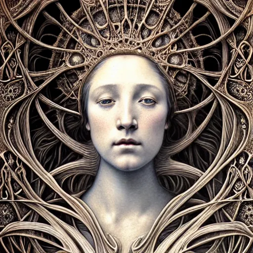 Image similar to detailed realistic beautiful young medieval queen face portrait by jean delville, gustave dore, iris van herpen and marco mazzoni, art forms of nature by ernst haeckel, art nouveau, symbolist, visionary, gothic, neo - gothic, pre - raphaelite, fractal lace, ai biodiversity, surreality, intricate hyper detailed ultra sharp octane render