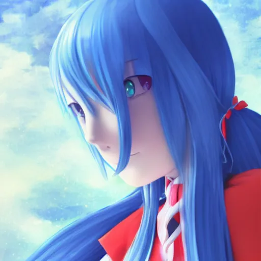 Prompt: a girl with long blue hair wearing a school uniform, computer graphics by Miyazaki, featured on pixiv, holography, official art, full body, 3d