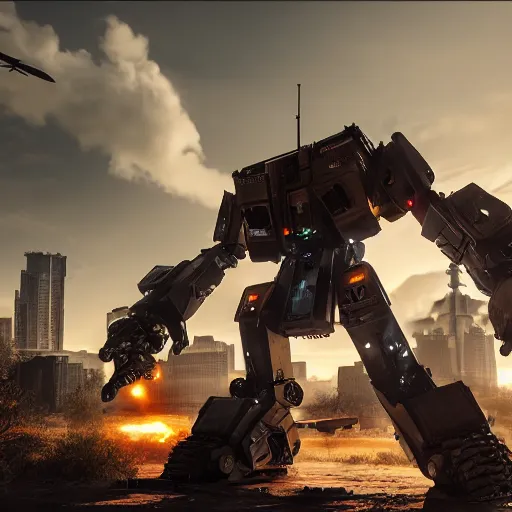 Image similar to Urbanmech UM-60 fighting Phoenix Hawk PHX-1 in an abandoned city, hyperrealistic, battletech, mechwarrior, ultra hd, 4k, rendered in Octane, rendered in Unreal engine, cinematic lighting, highly detailed, intricate